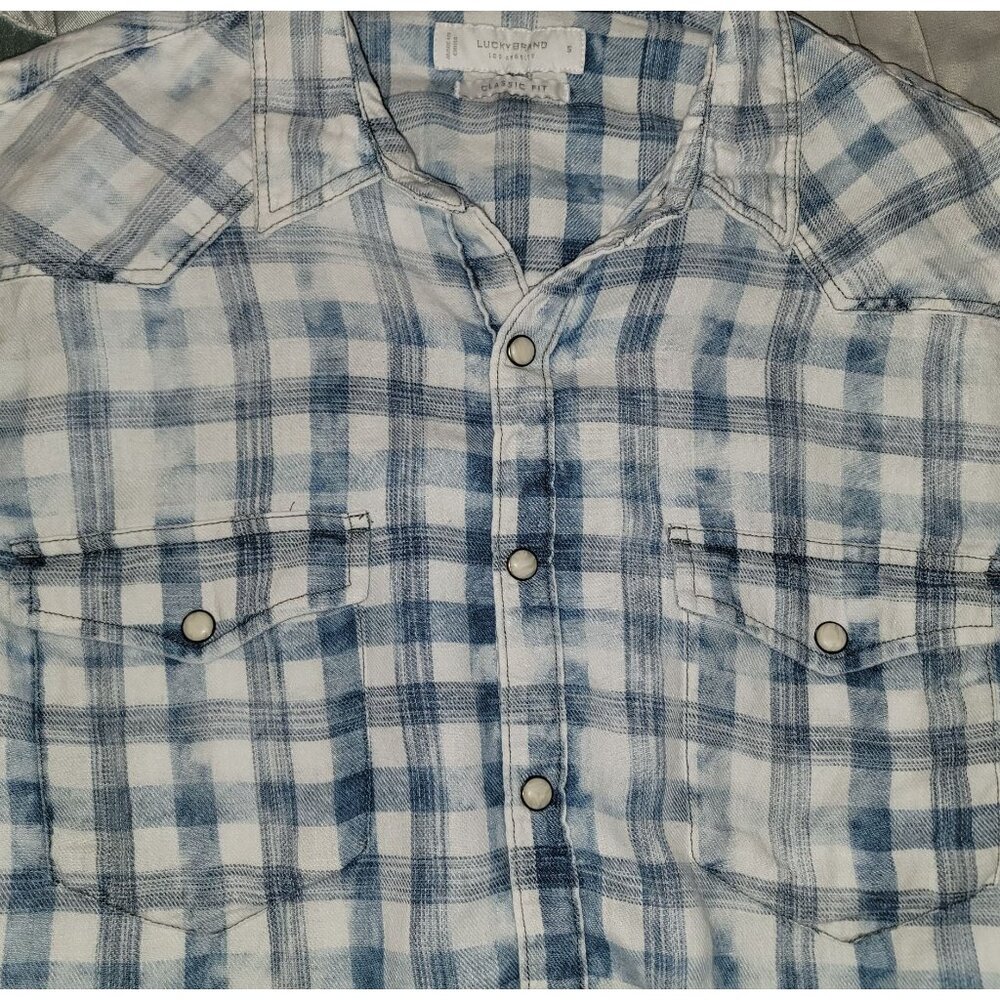 Lucky Brand Indigo linen plaid western long sleeve shirt Mens S - Picture 7 of 7